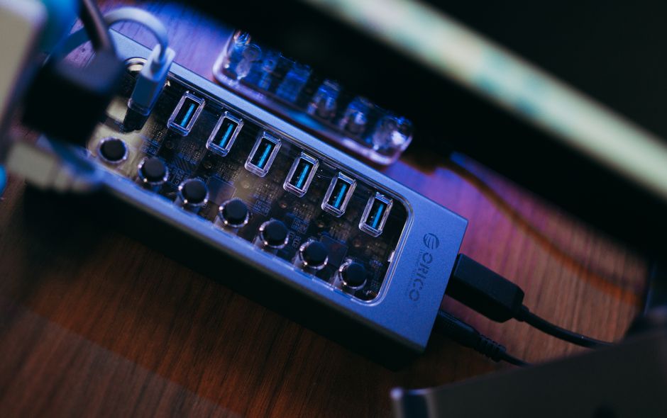 Close-up of a multi-port USB hub showcasing modern technology